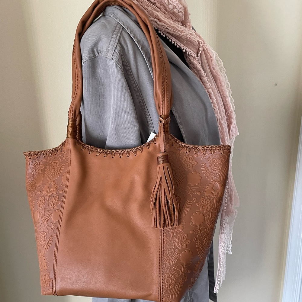 The Sak Tan Leather Embossed Tote with Tassel